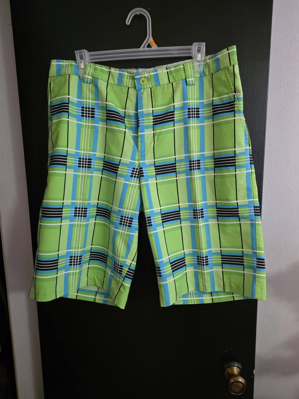 Men's Plaid Flat Front Shorts in Bright Green Size 34